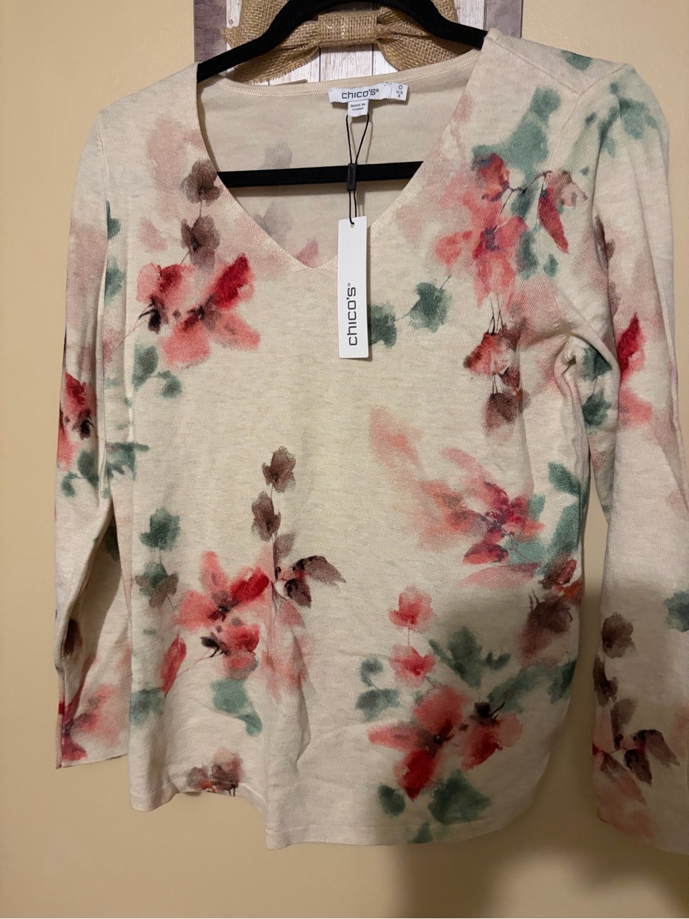 Chico's Cream Floral V-Neck Sweater with Pink and Green Accents